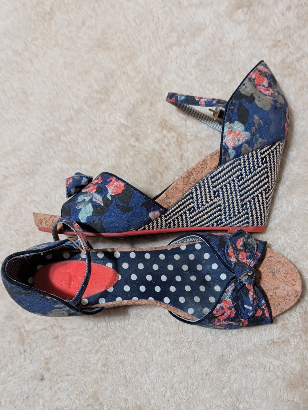 Floral Navy Wedge Peep-Toe Sandals with Ankle Strap
